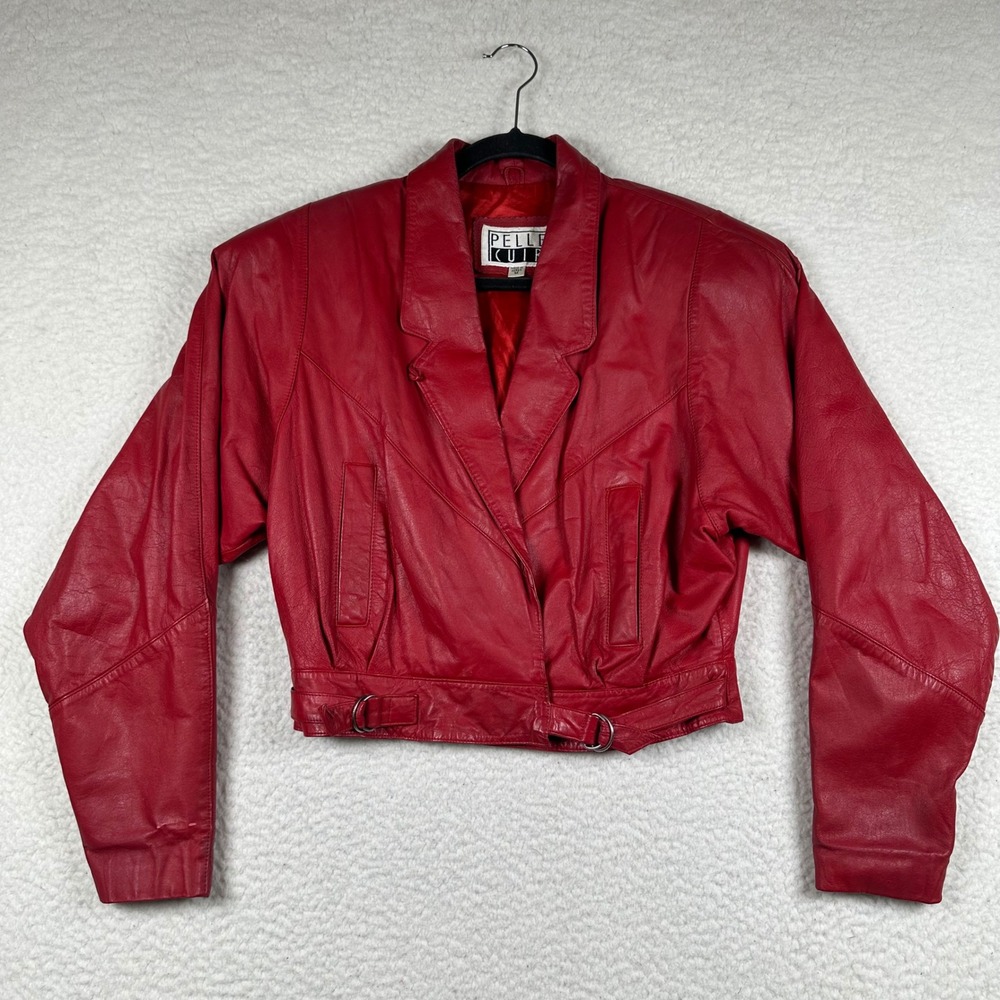 Vintage 80s Pelle Cuir Leather Jacket Womens Cropped M Red Biker Moto Retro Bold